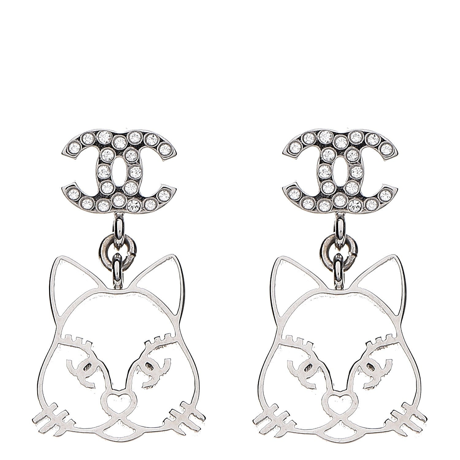 Chanel Emoji Choupette Cat Crystal CC Earrings Silver 1 of 5