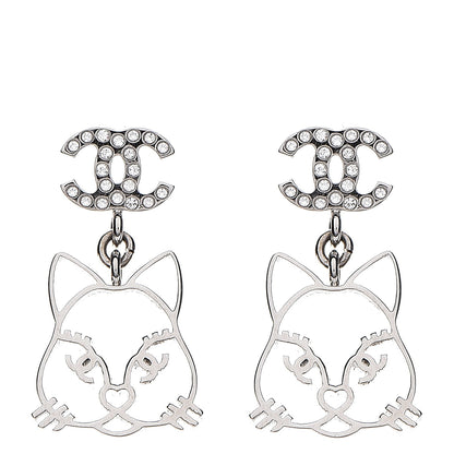Chanel Emoji Choupette Cat Crystal CC Earrings Silver 1 of 5