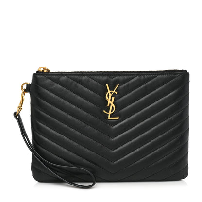 Saint Laurent Calfskin Matelasse Chevron Monogram Tablet Pouch Black 1 of 9