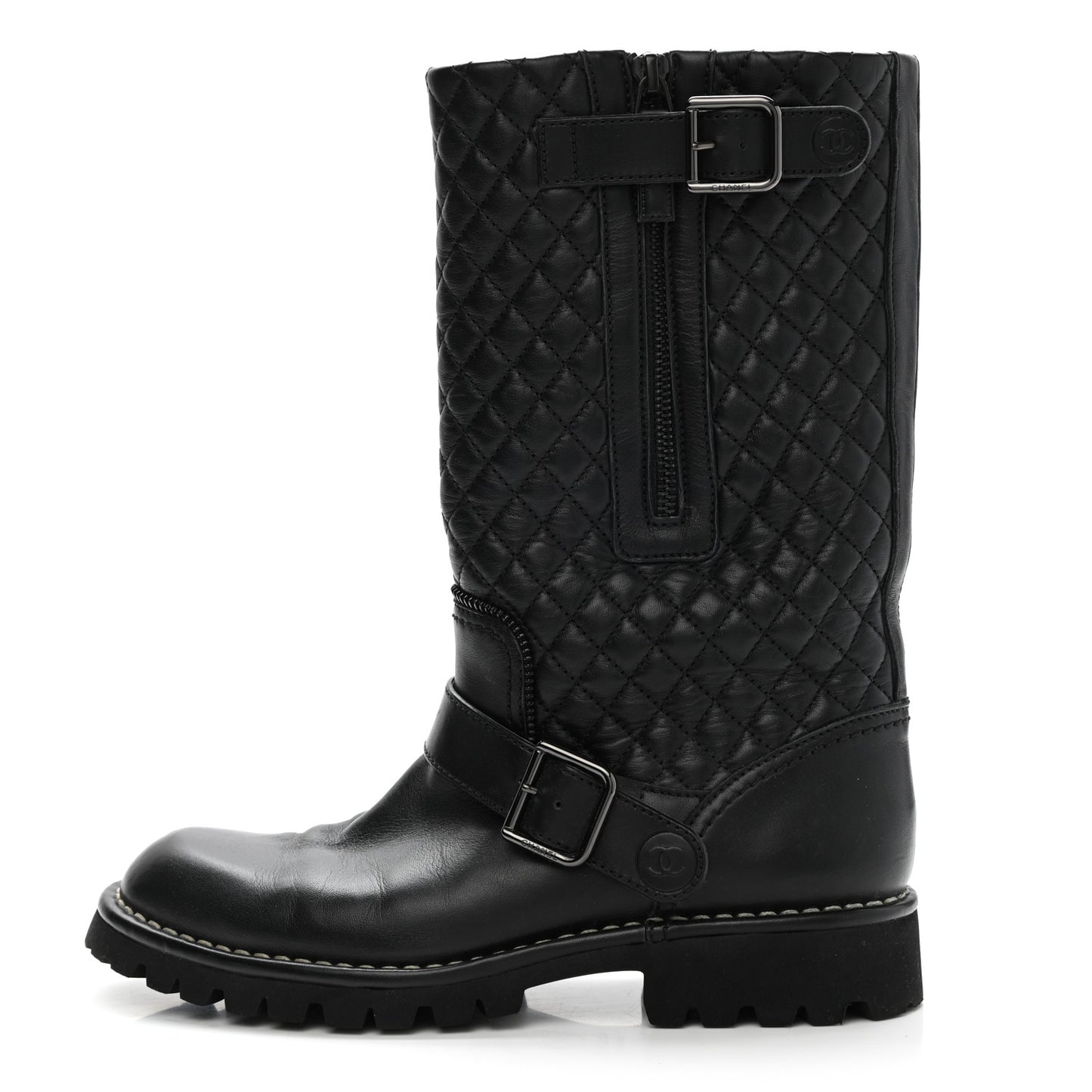 Calfskin Quilted Biker Boots 37 Black
