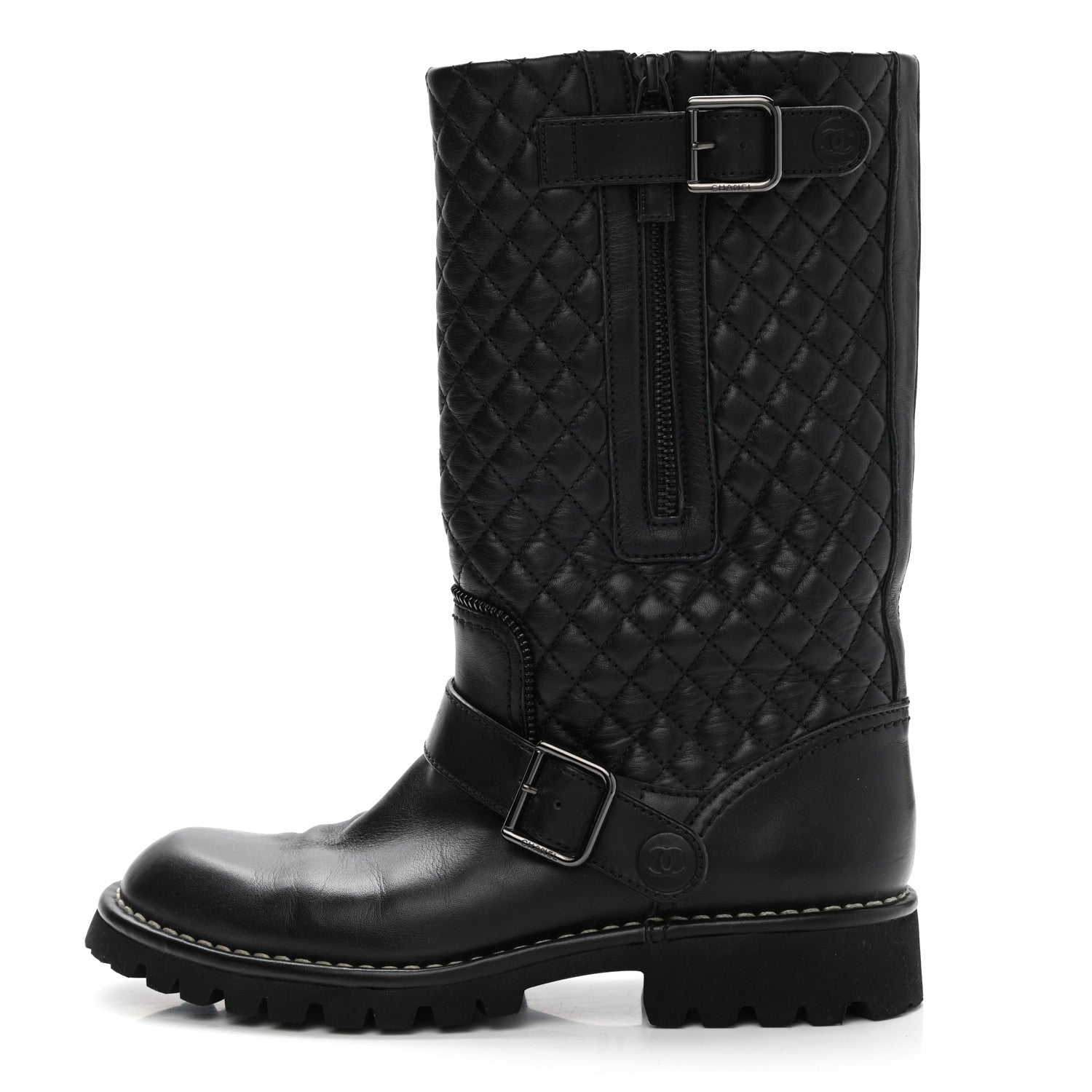 Chanel Calfskin Quilted Biker Boots 37 Black 1 of 9