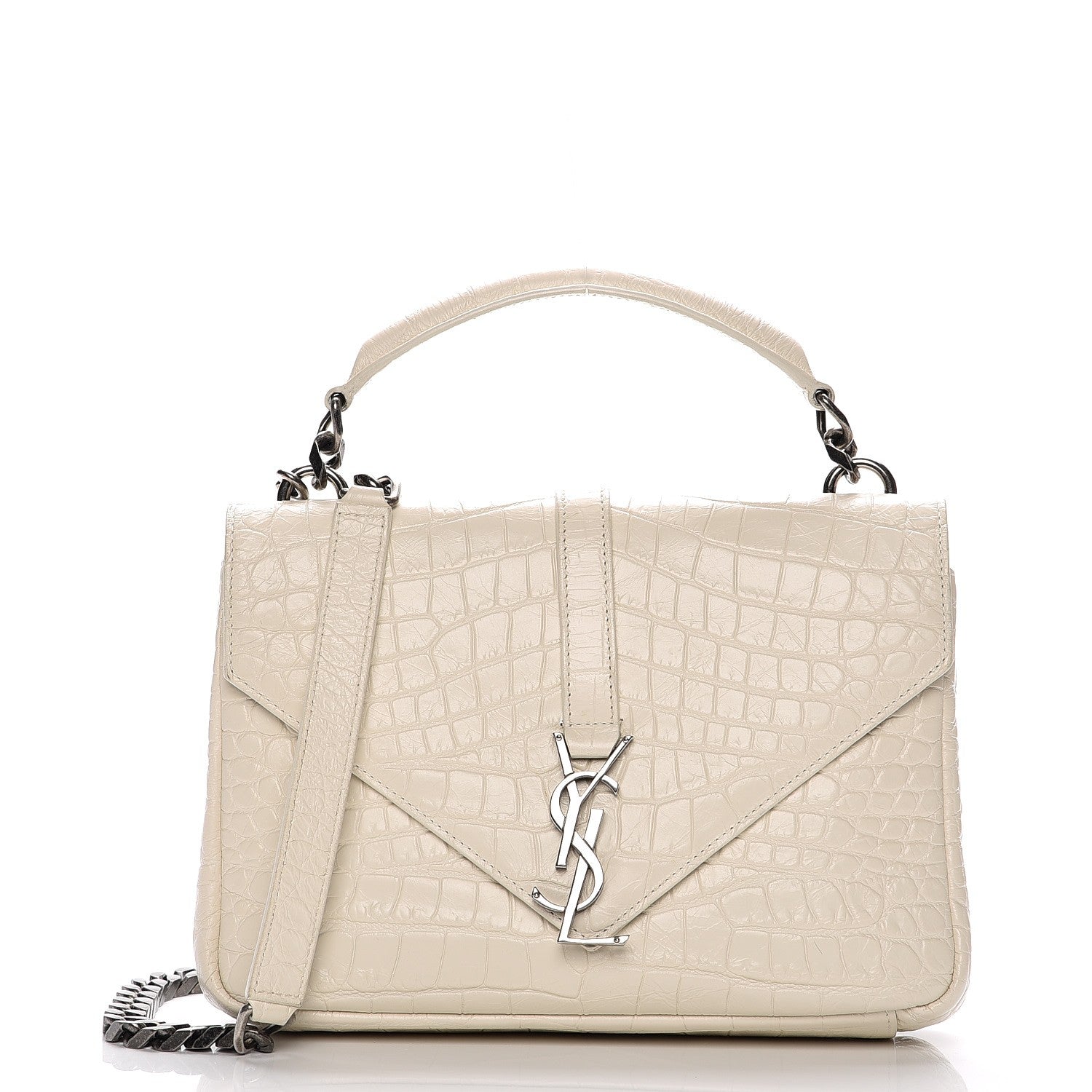 Saint Laurent Calfskin Crocodile Embossed Medium College Monogram Satchel Dove White 1 of 8