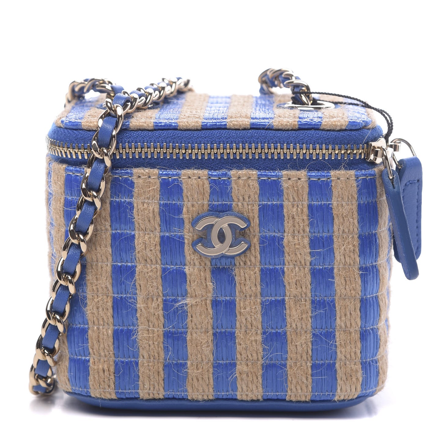 Raffia Jute Striped Mini Vanity Case With Chain Blue Beige