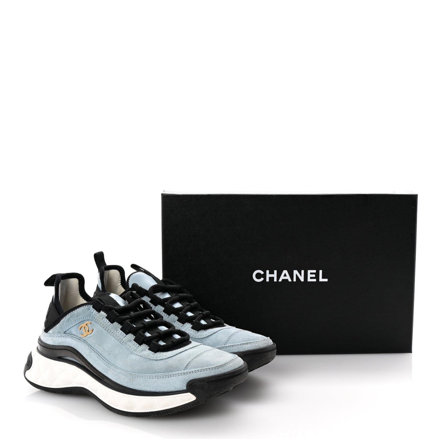 Suede Calfskin Nylon Grosgrain CC Sneakers 38.5 Light Blue