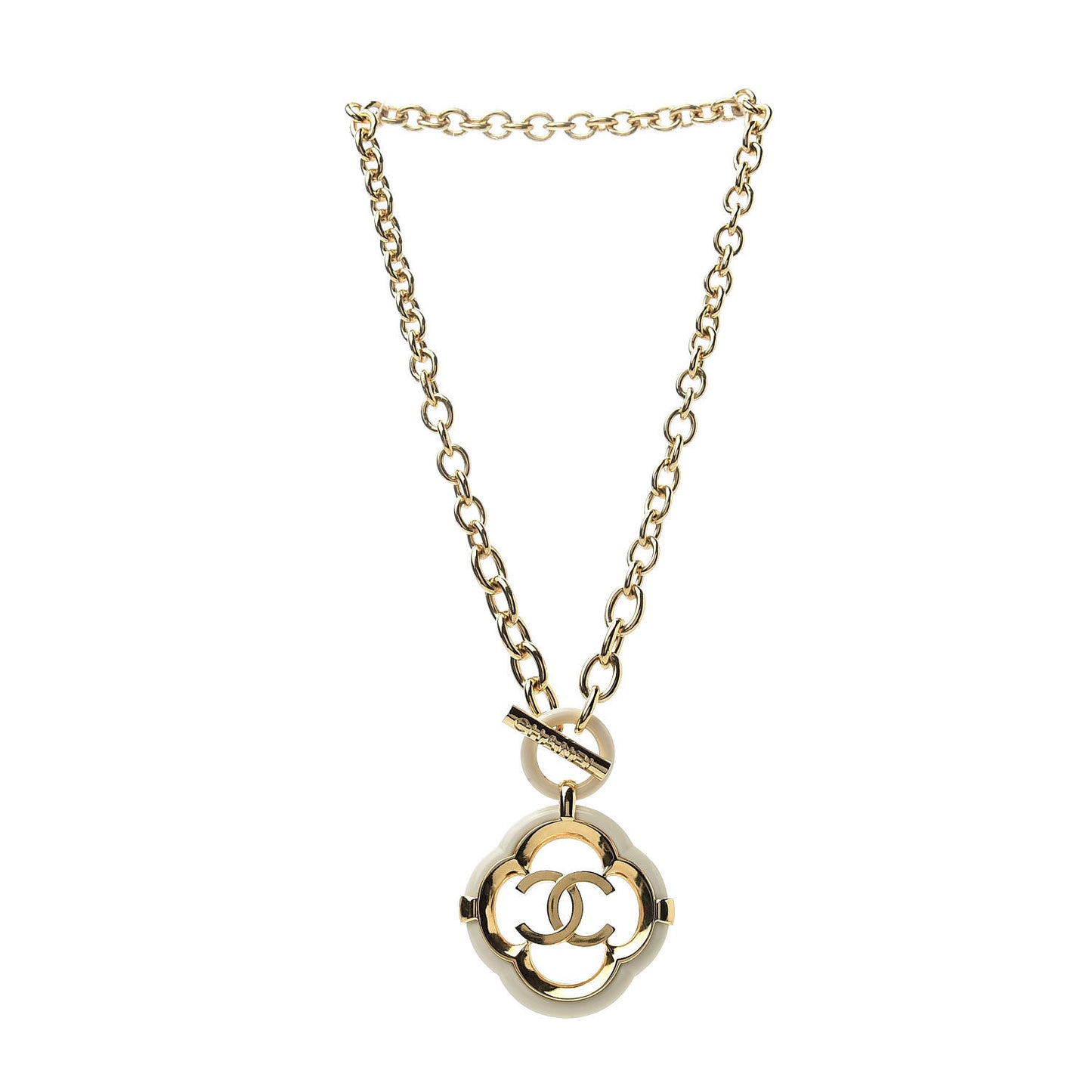 Resin CC Medallion Choker Chain Necklace Gold Ivory