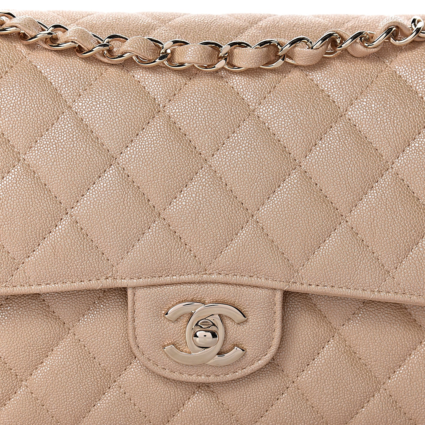 Iridescent Caviar Quilted Medium Double Flap Beige