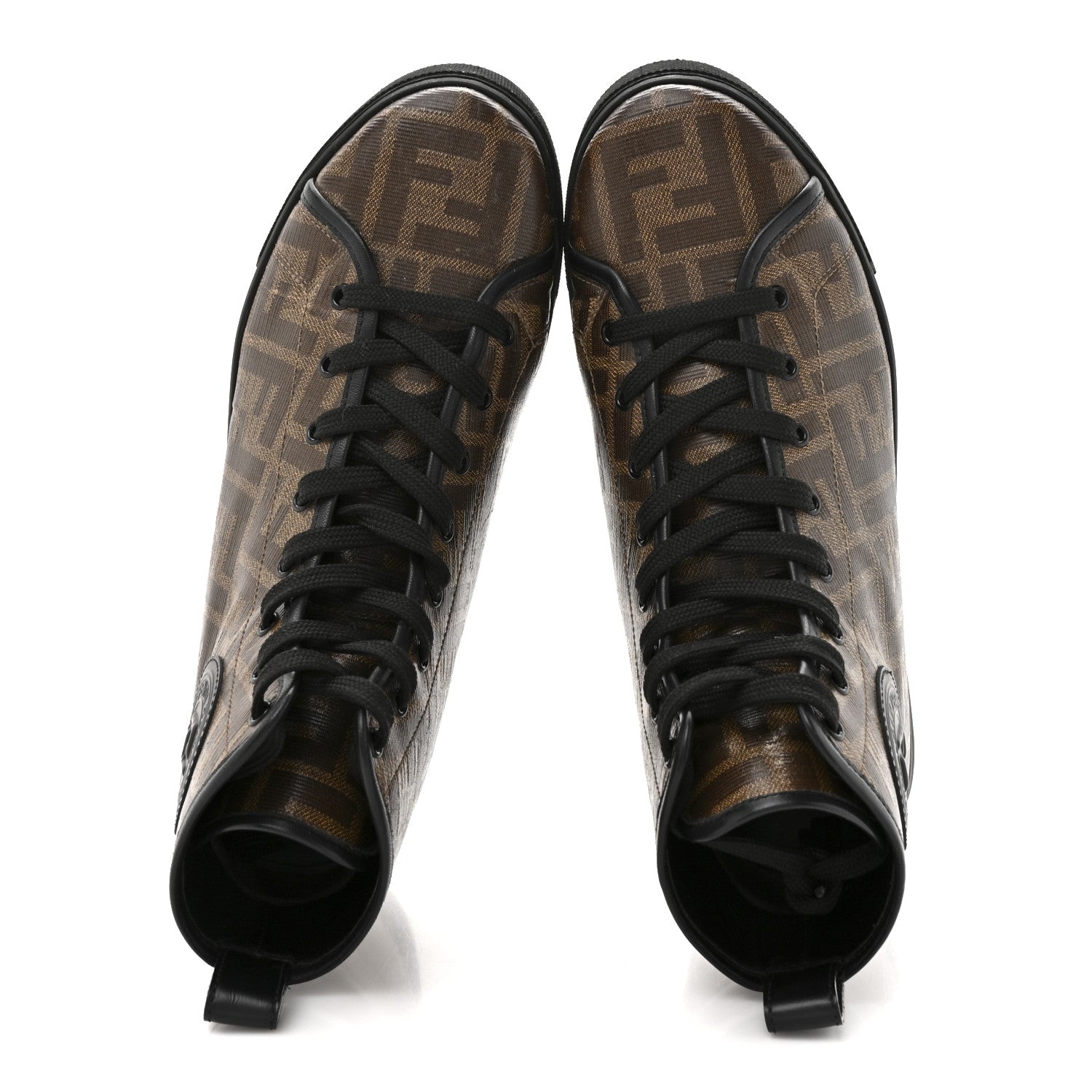 Fendi Glazed Fabric FF 1974 Stamp Patch High Top Sneakers 37.5 Mogano Panna Black 2 of 10