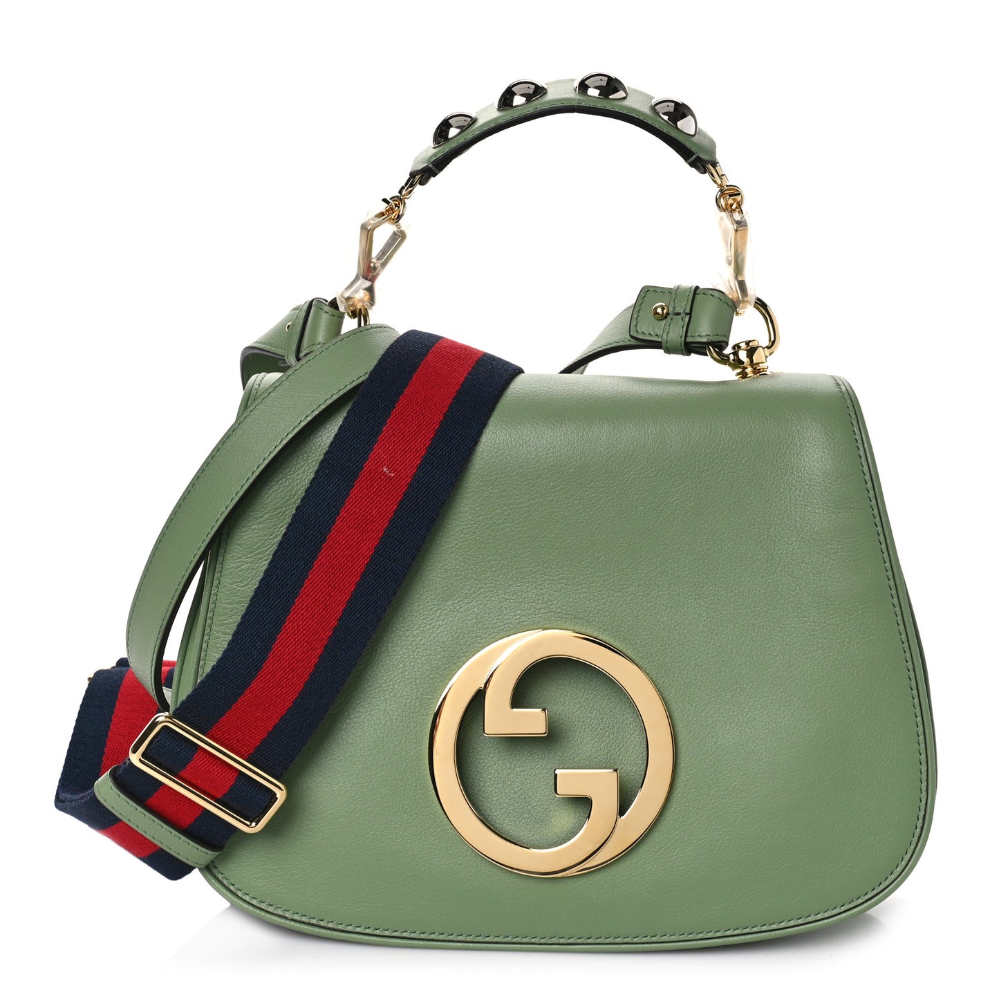 Roxy Calfskin Web Medium Blondie Top Handle Shoulder Flap Bag Salamander Green