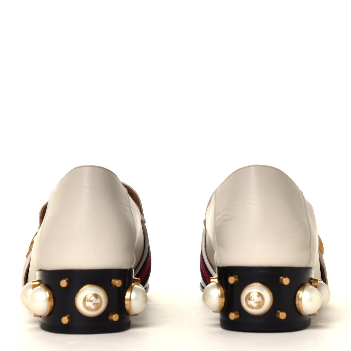 Betis Glamour Calfskin Web Pearl Embellished Peyton 35mm Loafer Pumps 38.5 Mystic White