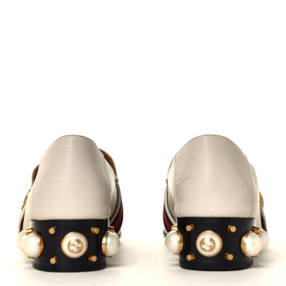 Gucci Betis Glamour Calfskin Web Pearl Embellished Peyton 35mm Loafer Pumps 38.5 Mystic White 10 of 12