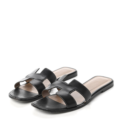 Hermes Box Calfskin Oran Sandals 40 Black 3 of 10