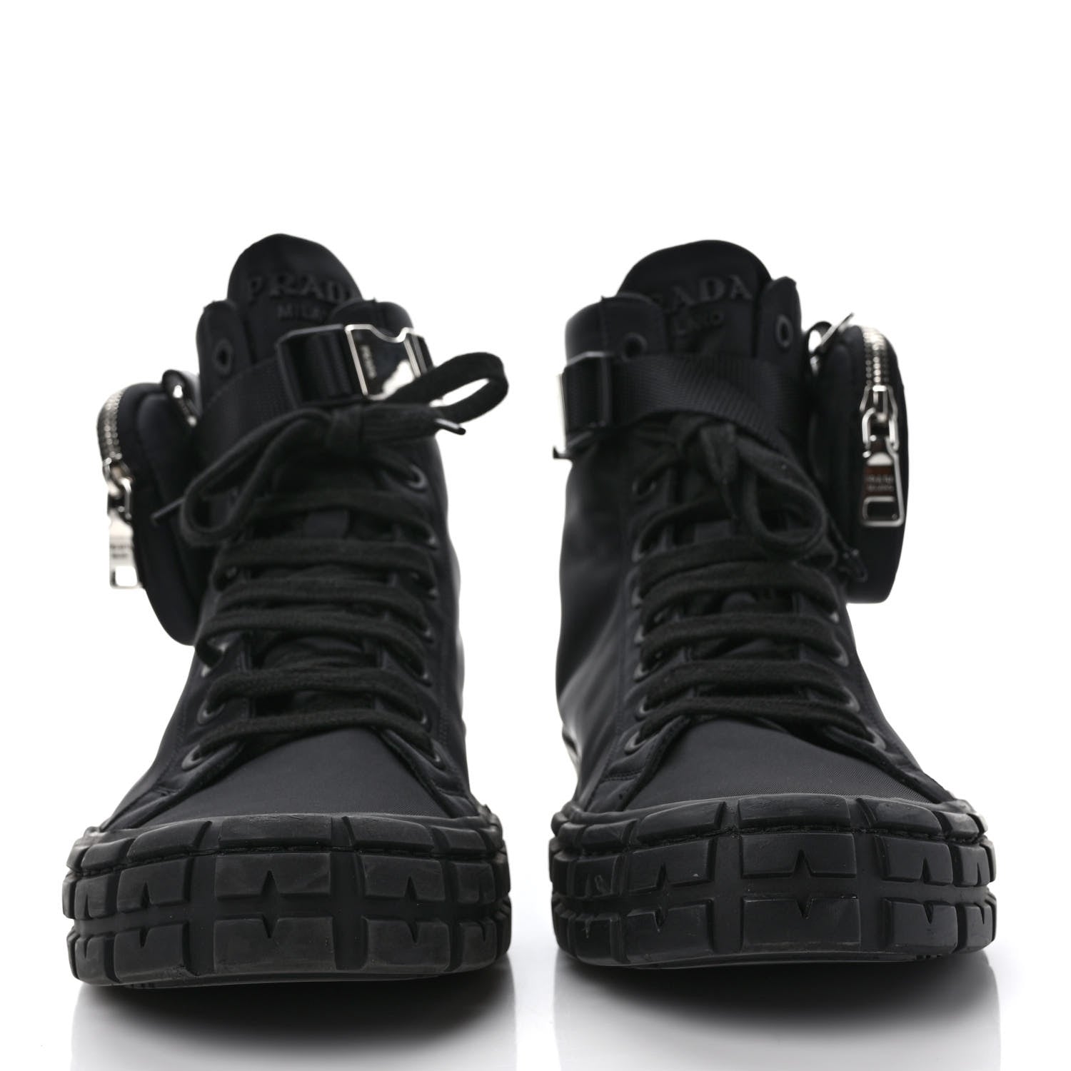 Prada Re-Nylon Gabardine Metal Triangle Logo Mens Wheel Pouch Pocket High Top Sneakers 7.5 Black 2 of 9