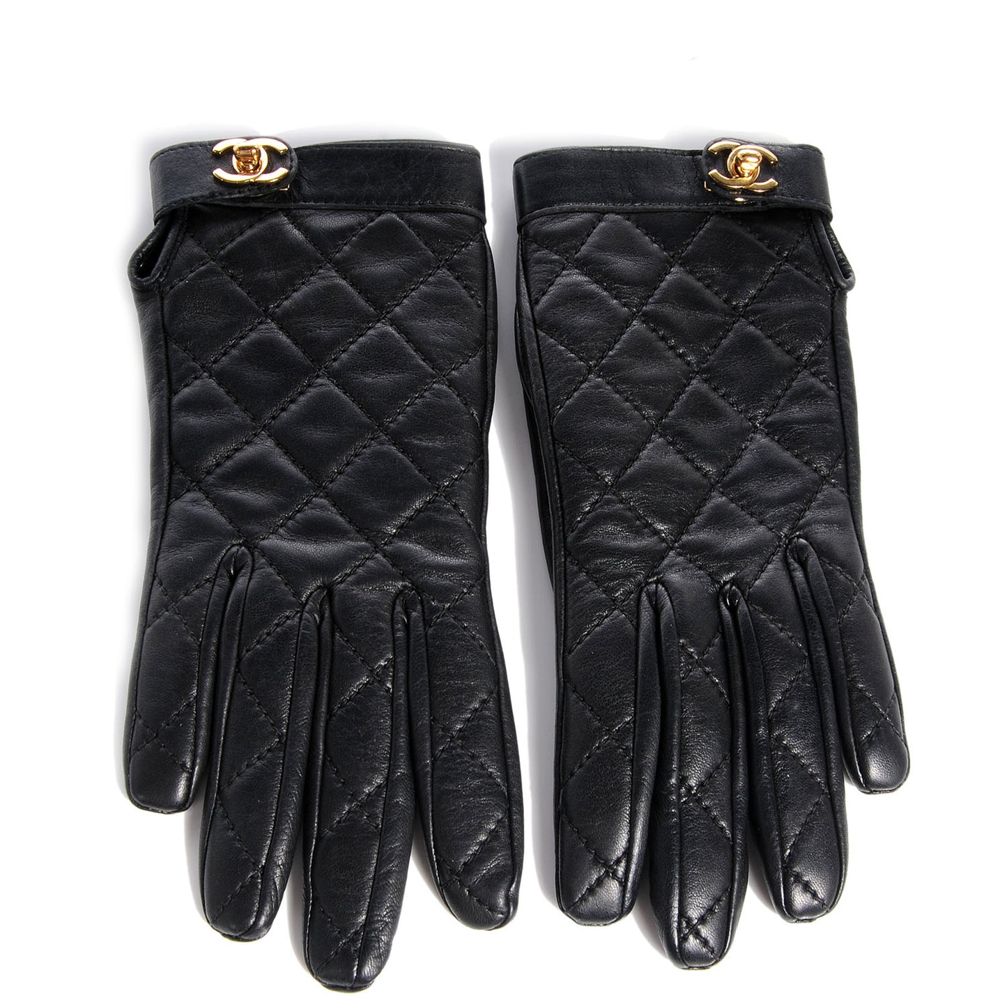 Lambskin Quilted Turnlock Gloves 6.5 Black