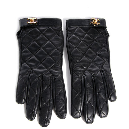 Chanel Lambskin Quilted Turnlock Gloves 6.5 Black 1 of 7