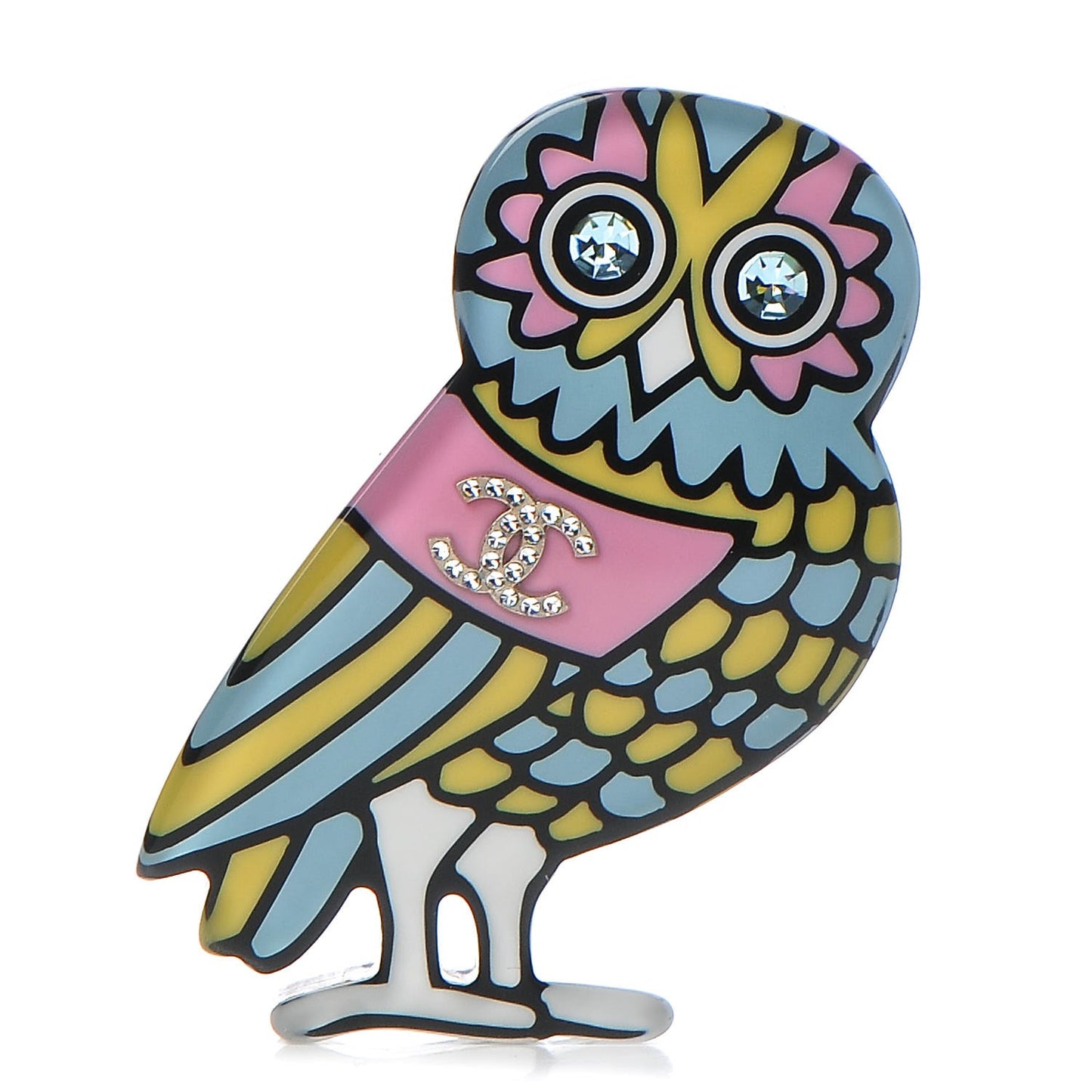 Resin Crystal Owl CC Brooch Blue Yellow Golden