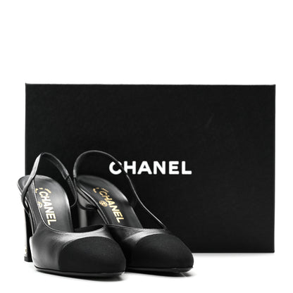 Chanel Lambskin Grosgrain Cap Toe CC Slingback Pumps 37 Black 10 of 10