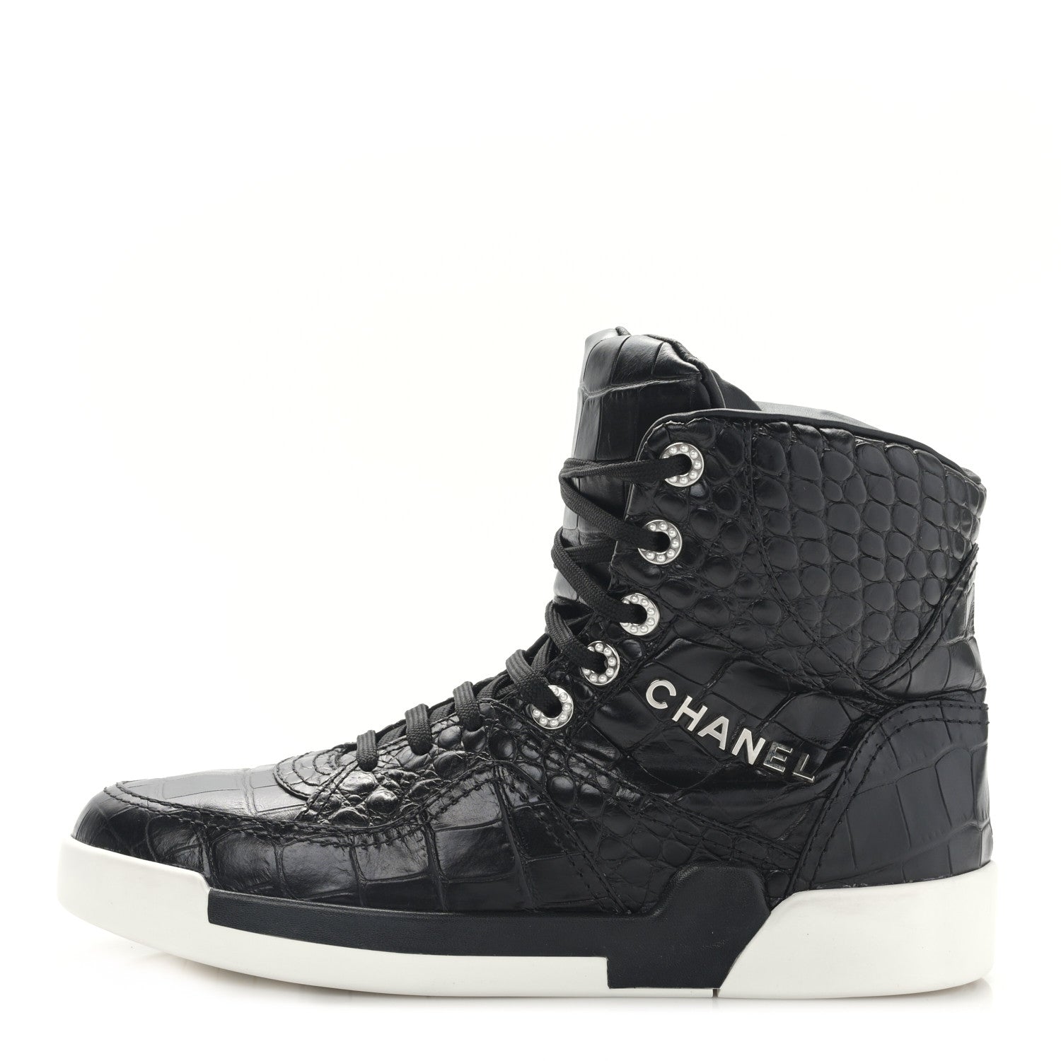 Chanel Calfskin Crocodile Embossed Cocodile High Top Sneakers 39 Black 1 of 8