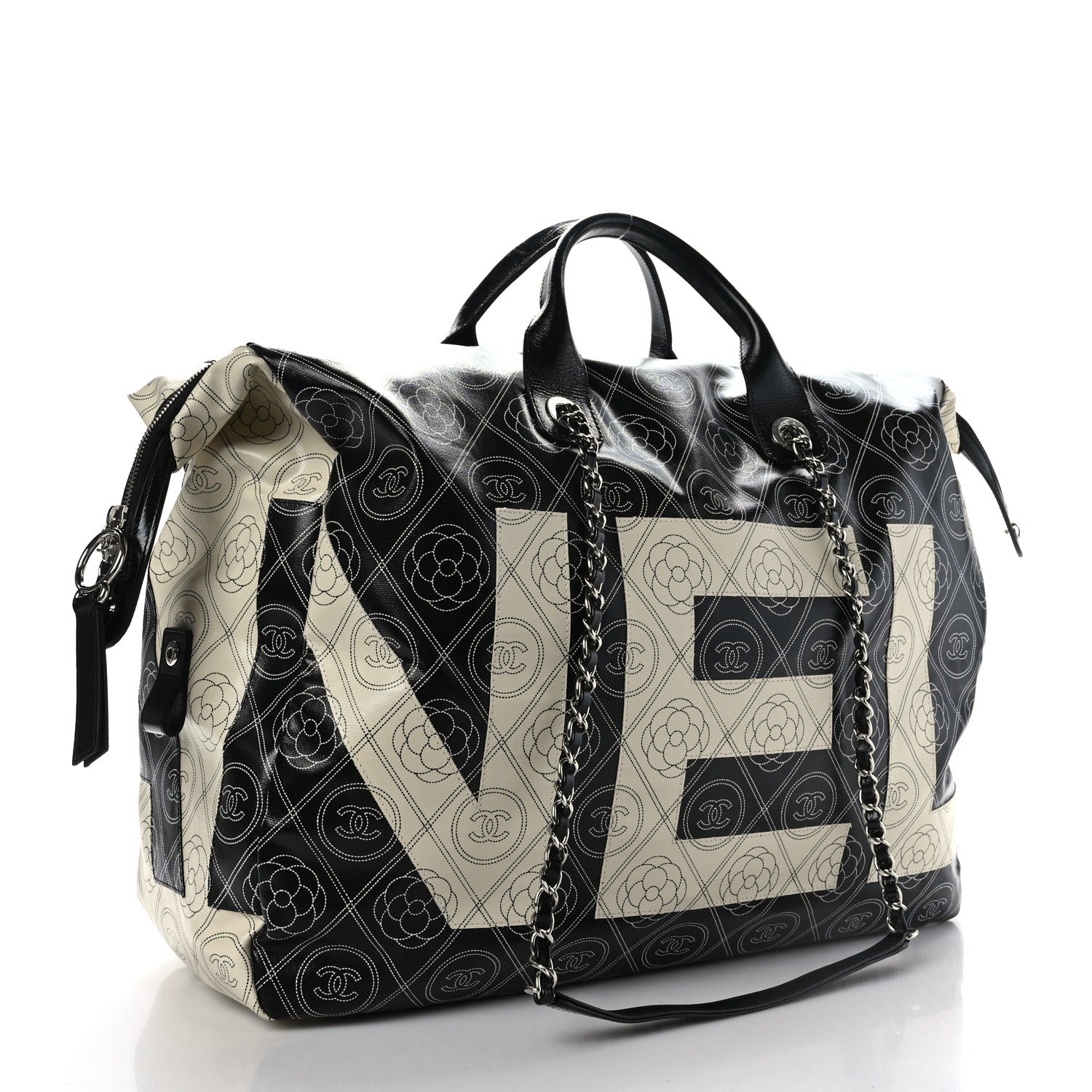 Chanel Coated Canvas Camellia Bowler Black Beige 3 of 9