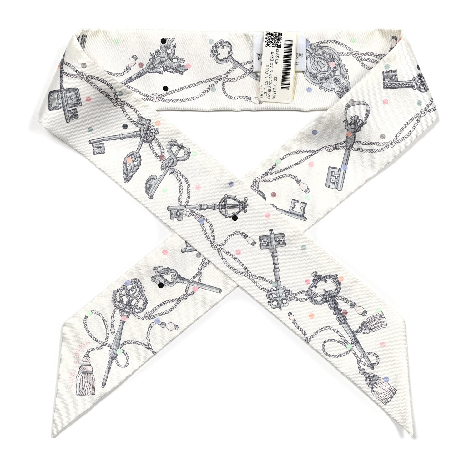 Hermes Silk Les Cles A Pois Twilly White Gris Acier 1 of 4