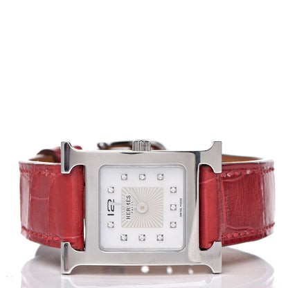 Hermes Stainless Steel Alligator Diamond Mother of Pearl 21mm Heure H Hour Quartz Watch Braise 3 of 10