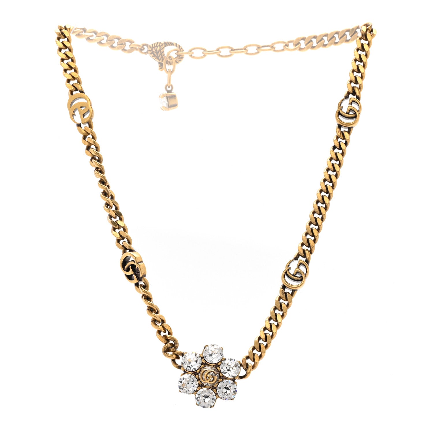 Gucci Crystal Double G Flower Chain Necklace Aged Gold 3 of 5