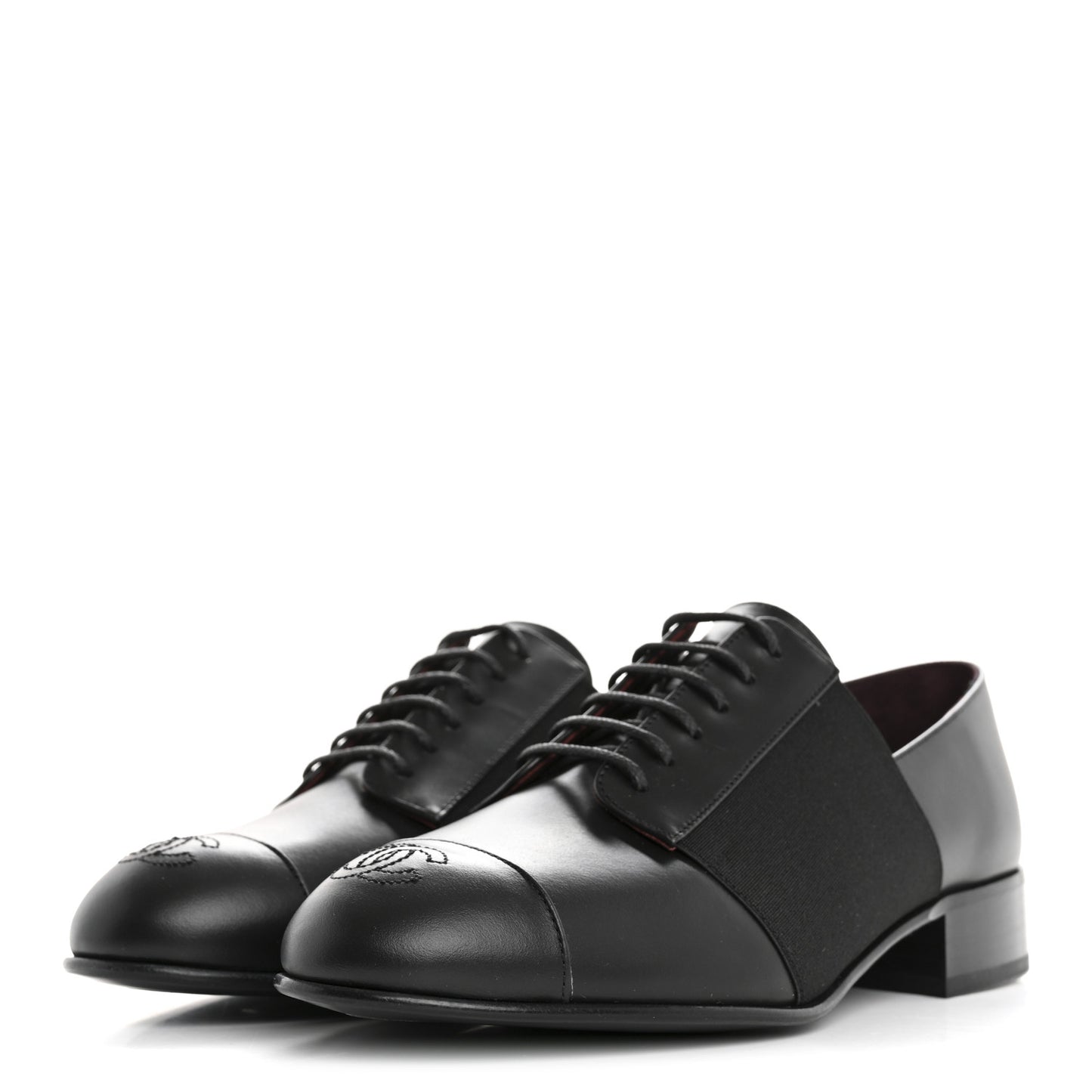 Calfskin Elastic Lace Up Cap Toe CC Loafers 37.5 Black