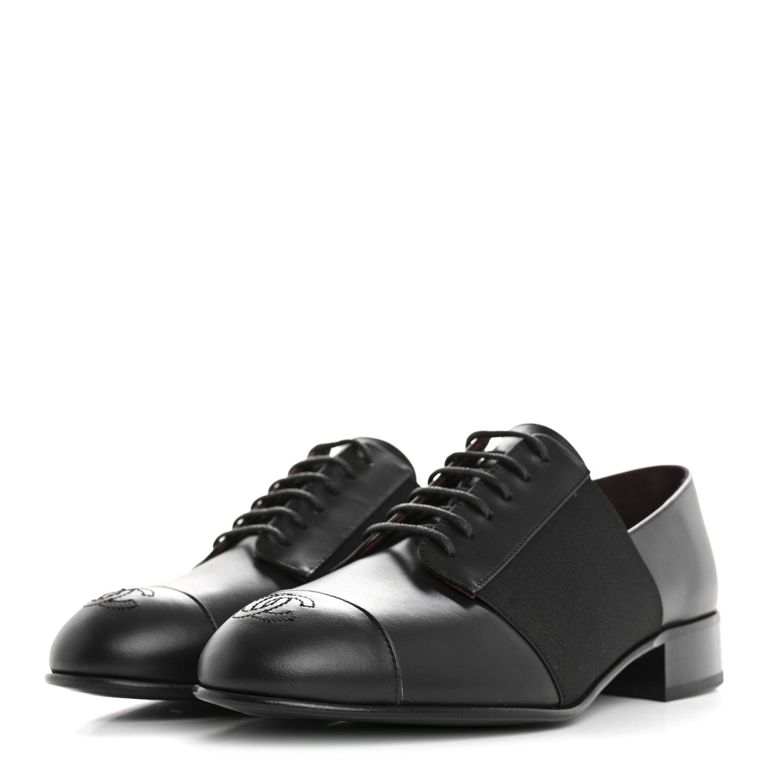 Chanel Calfskin Elastic Lace Up Cap Toe CC Loafers 37.5 Black 4 of 9
