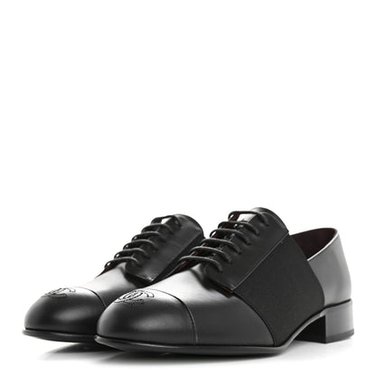Chanel Calfskin Elastic Lace Up Cap Toe CC Loafers 37.5 Black 4 of 9
