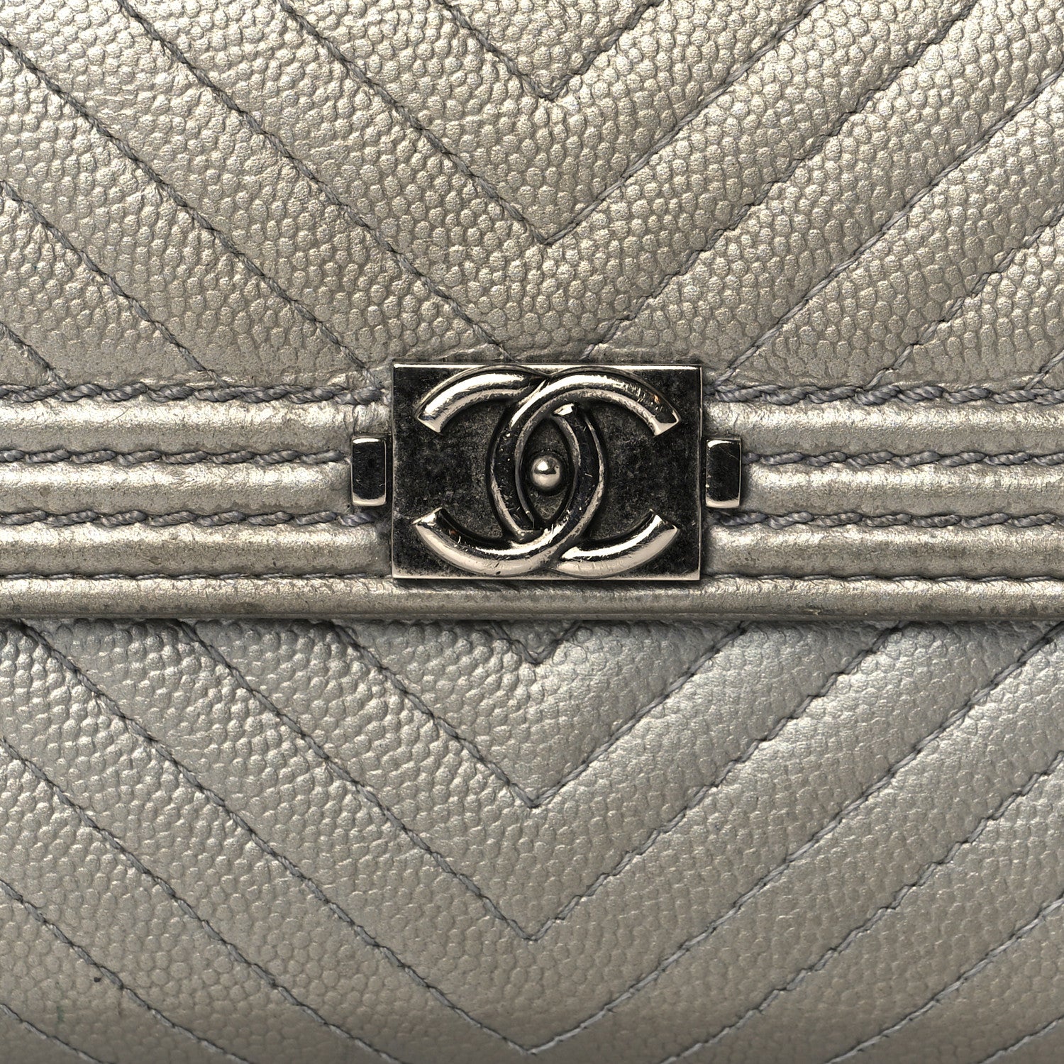 Chanel Metallic Caviar Chevron Quilted Large Boy Gusset Flap Wallet Silver 8 of 8