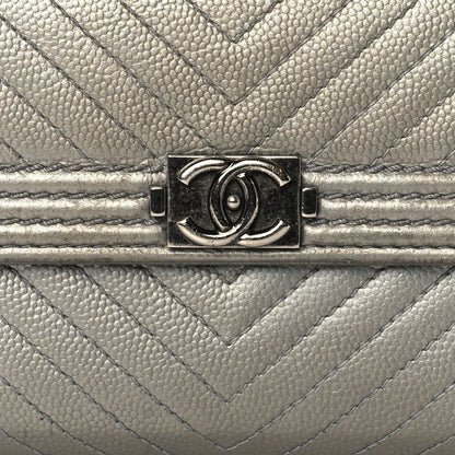 Chanel Metallic Caviar Chevron Quilted Large Boy Gusset Flap Wallet Silver 8 of 8