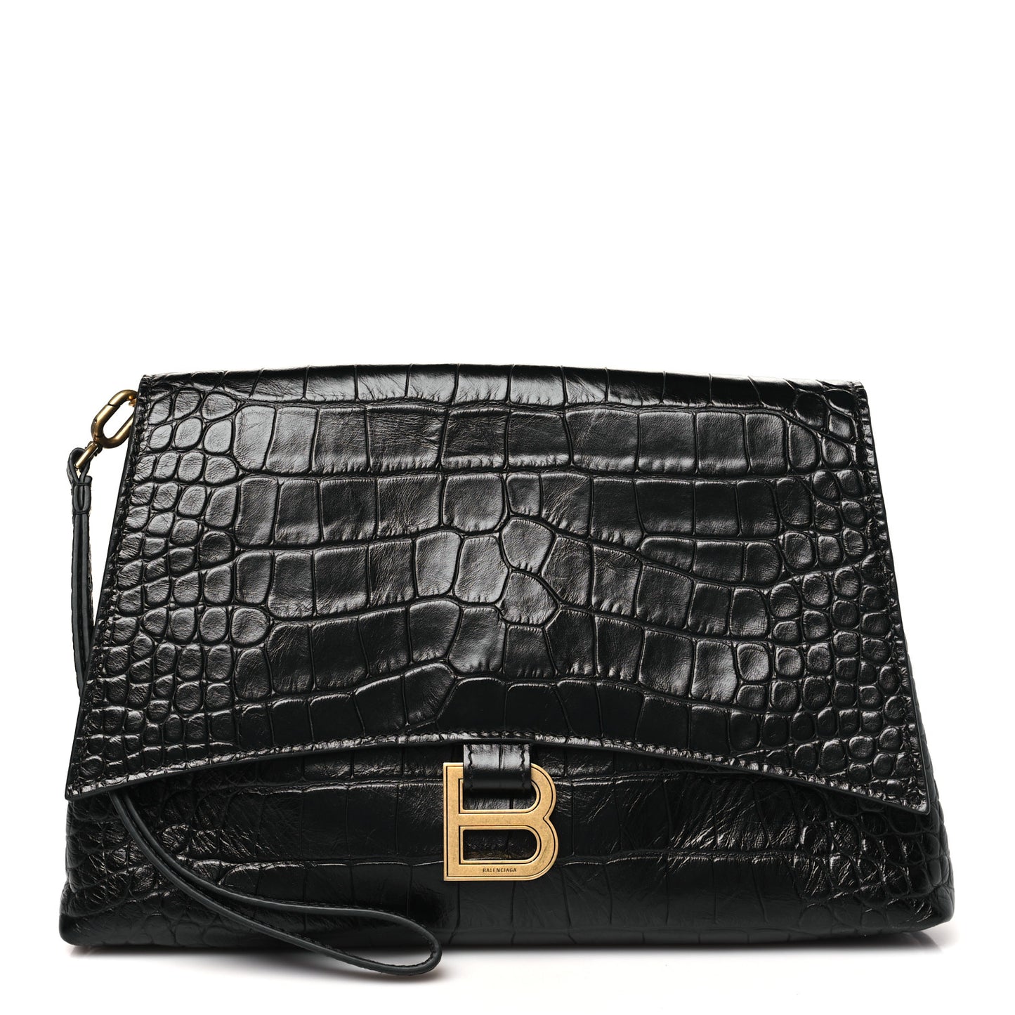 Calfskin Crocodile Embossed Medium Crush Pochette Clutch Black