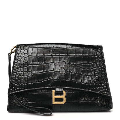 Balenciaga Calfskin Crocodile Embossed Medium Crush Pochette Clutch Black 1 of 10