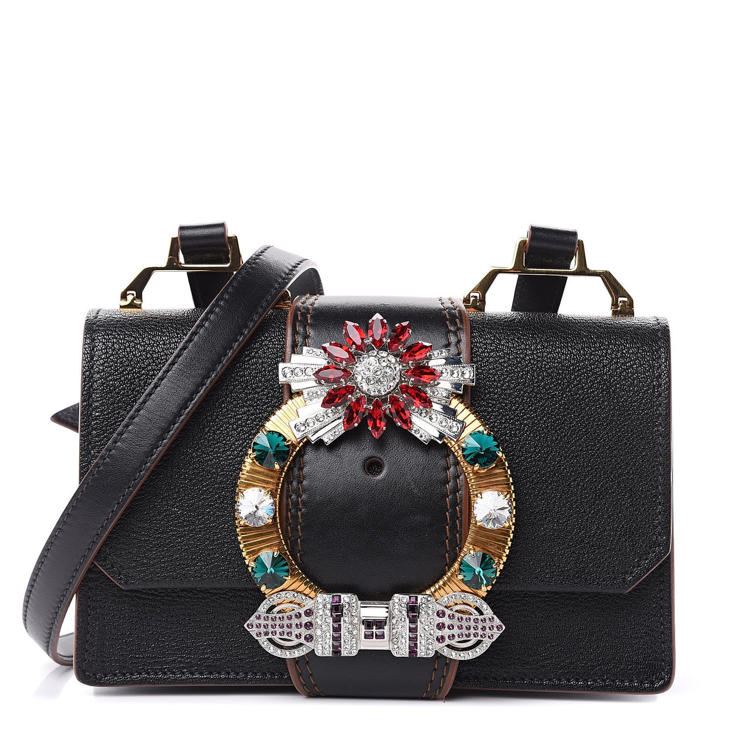 Goatskin Madras Soft Calf Crystal Embellished Shoulder Bag Black