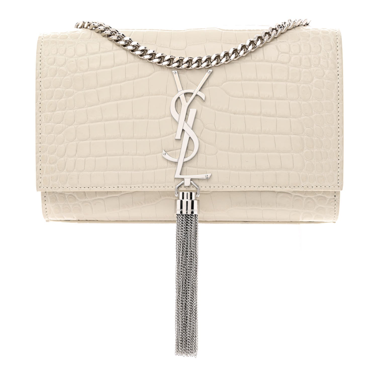 Saint Laurent Calfskin Crocodile Embossed Small Classic Monogram Kate Tassel Satchel Blanc Vintage 1 of 10