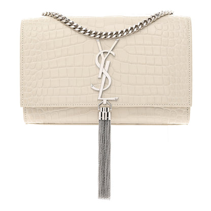 Saint Laurent Calfskin Crocodile Embossed Small Classic Monogram Kate Tassel Satchel Blanc Vintage 1 of 10