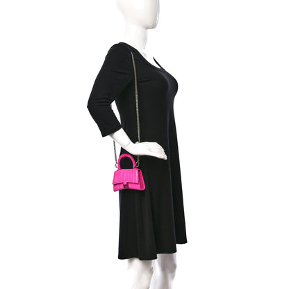 Balenciaga Shiny Calfskin Crocodile Embossed Hourglass Top Handle Bag Mini with Chain Neon Pink 2 of 9