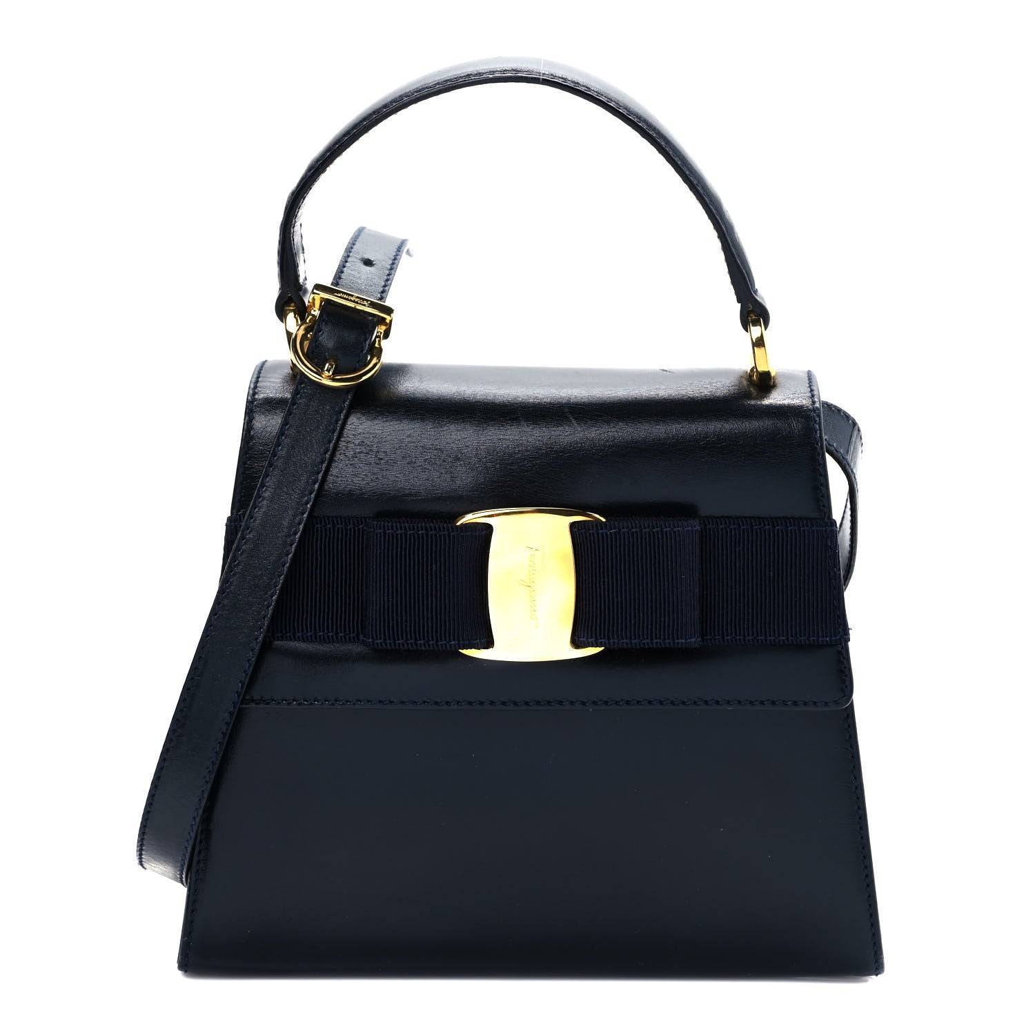 Salvatore Ferragamo Calfskin Vera Bow Mini Top Handle Crossbody Bag Navy 1 of 9