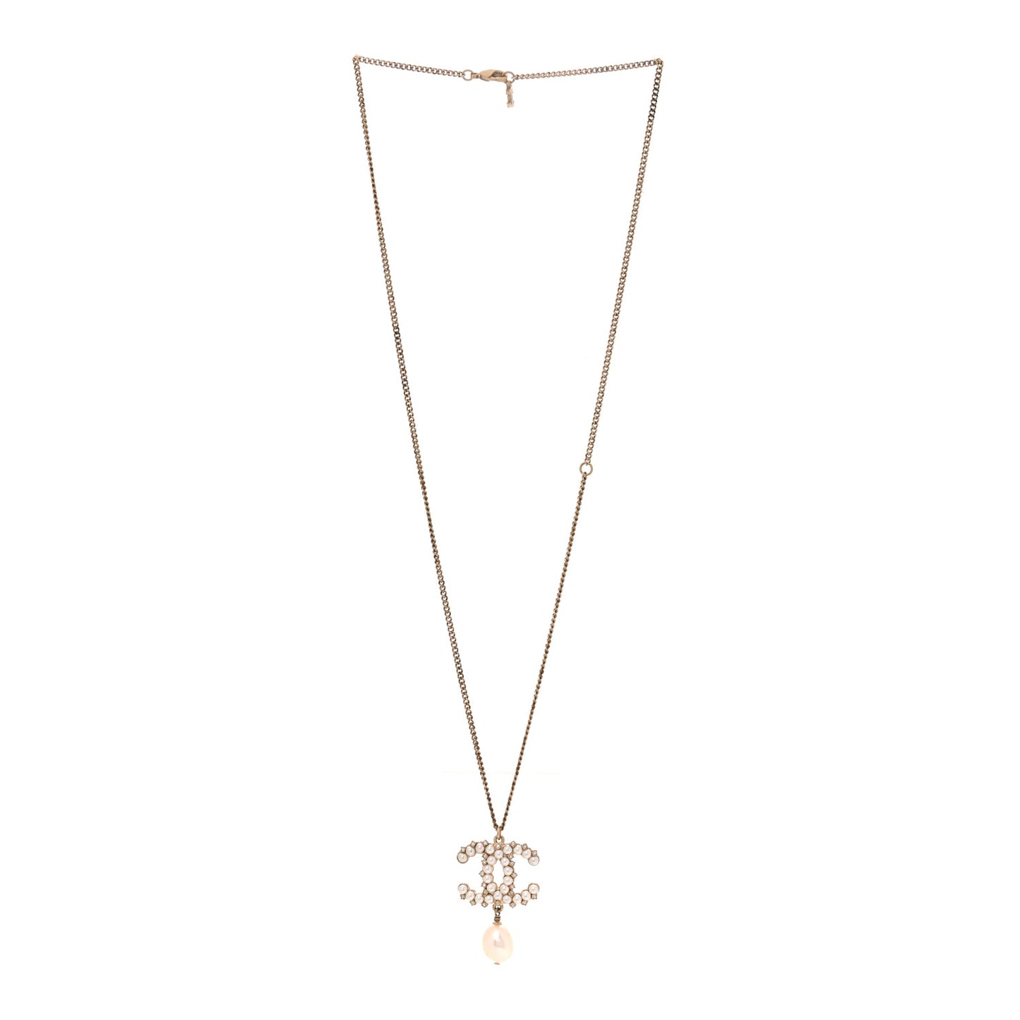 Crystal Pearl CC Drop Necklace Gold