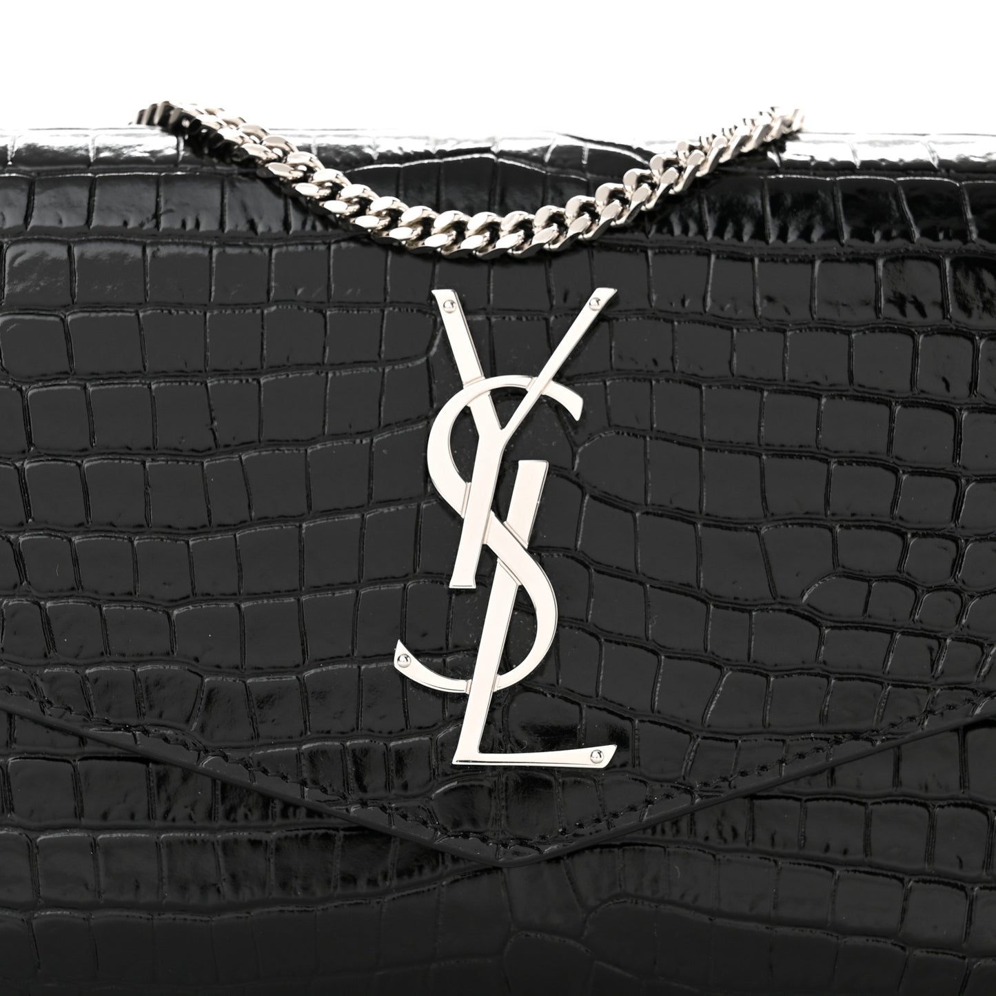 Calfskin Crocodile Embossed Monogram Uptown Chain Wallet Black