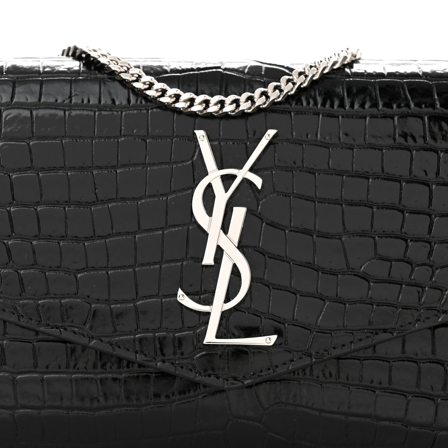 Saint Laurent Calfskin Crocodile Embossed Monogram Uptown Chain Wallet Black 9 of 11