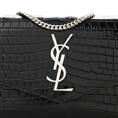 Saint Laurent Calfskin Crocodile Embossed Monogram Uptown Chain Wallet Black 9 of 11