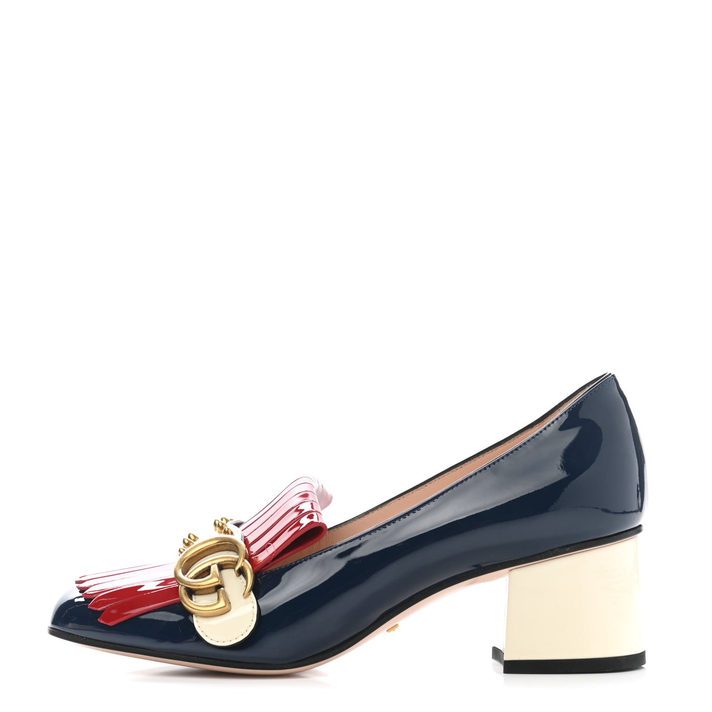 Vernice Studded GG Marmont Fringe 50mm Loafer Pumps 38 Blue Agata Hibiscus Red Mystic White