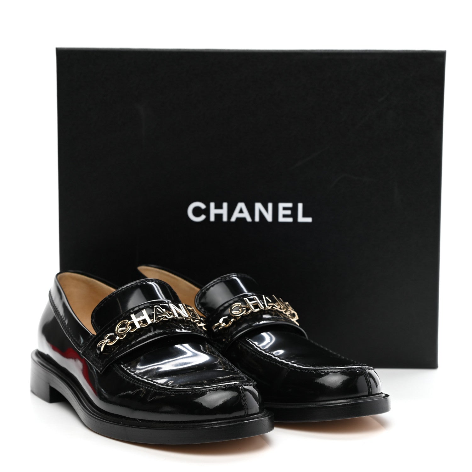 Chanel Shiny Calfskin Logo Loafers 39 Black 9 of 9