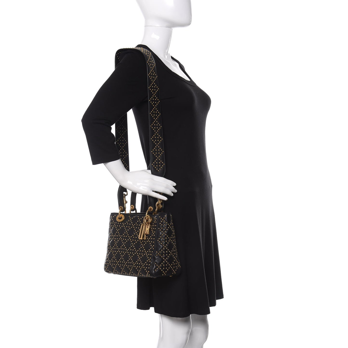 Calfskin Cannage Studded Medium Supple Lady Dior Black