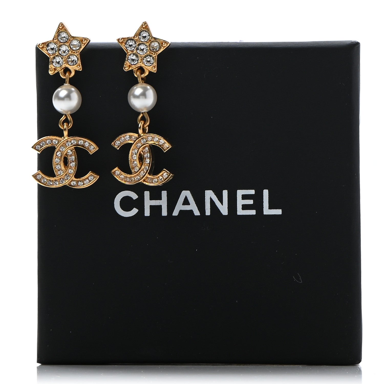 Chanel Crystal Pearl CC Star Drop Earrings Gold 5 of 5