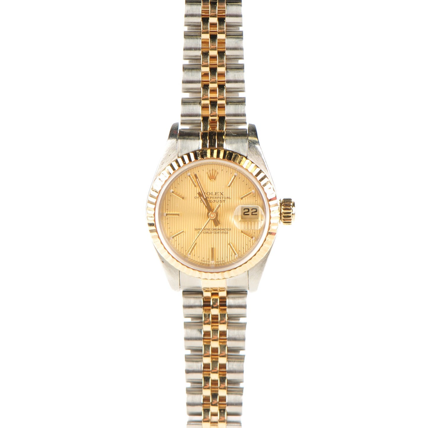 Stainless Steel 18K Yellow Gold 26mm Oyster Perpetual Datejust Watch Champagne Tapestry 79173