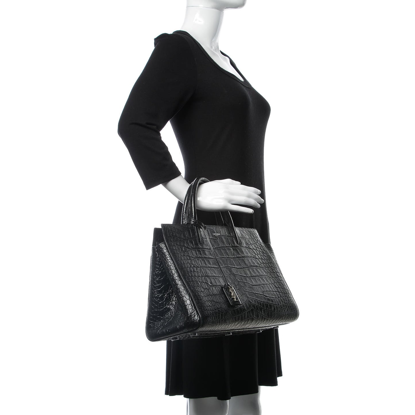 Calfskin Crocodile Embossed Medium Cabas Rive Gauche Black