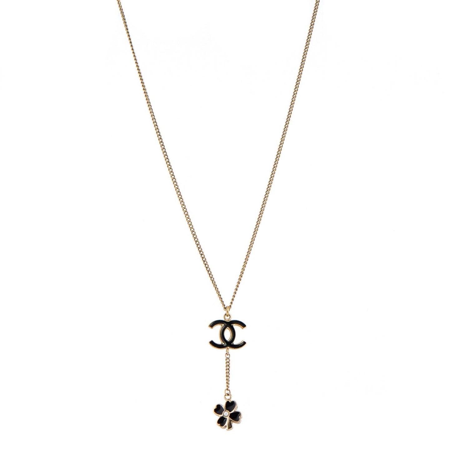 Enamel CC Camellia Flower Drop Necklace Black Gold