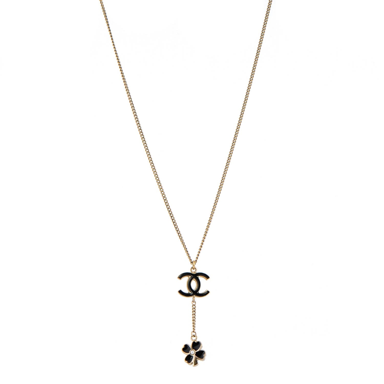 Chanel Enamel CC Camellia Flower Drop Necklace Black Gold 1 of 5