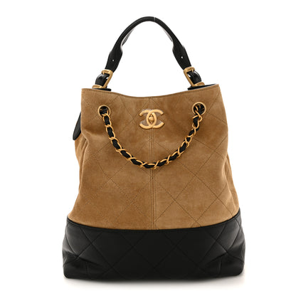 Chanel Suede Calfskin Shiny Lambskin Quilted Coco Base Shopping Bag Beige Black 1 of 10